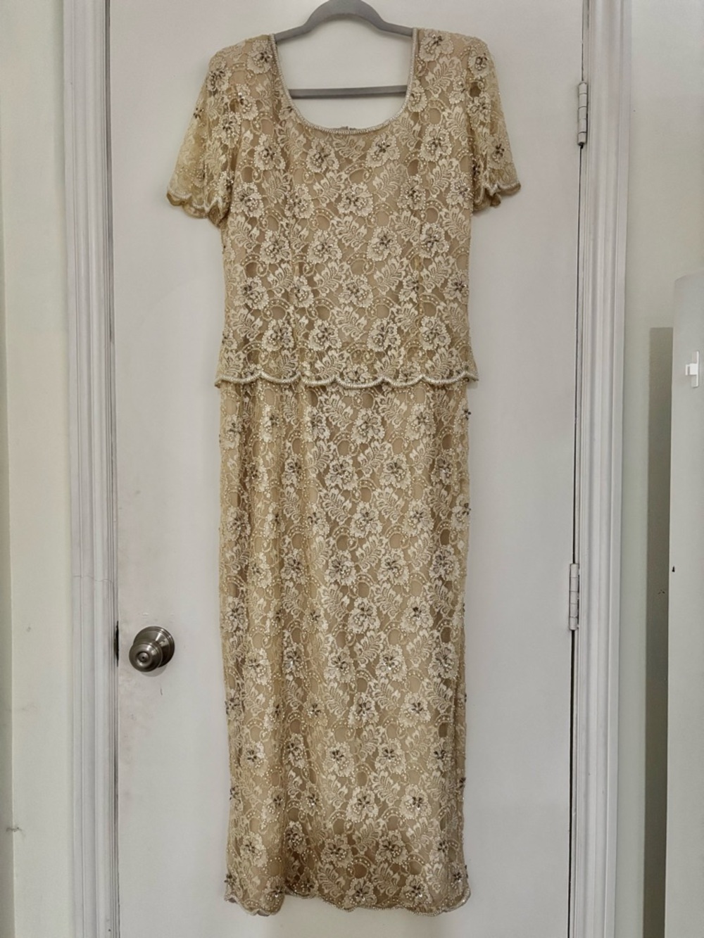 Vtg Stenay Cream Gold Beaded Sequin Formal Gown Dress 12 Cocktail Evening Maxi